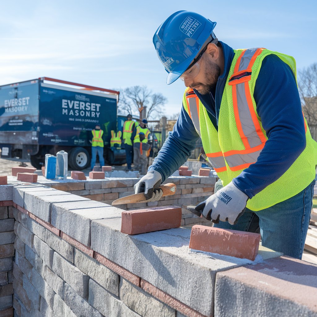 Licensed EverSet Masonry contractor carefully laying bricks on a stone wall at a construction site in Staten Island, with other workers and a branded EverSet Masonry truck visible in the background under a clear blue sky.