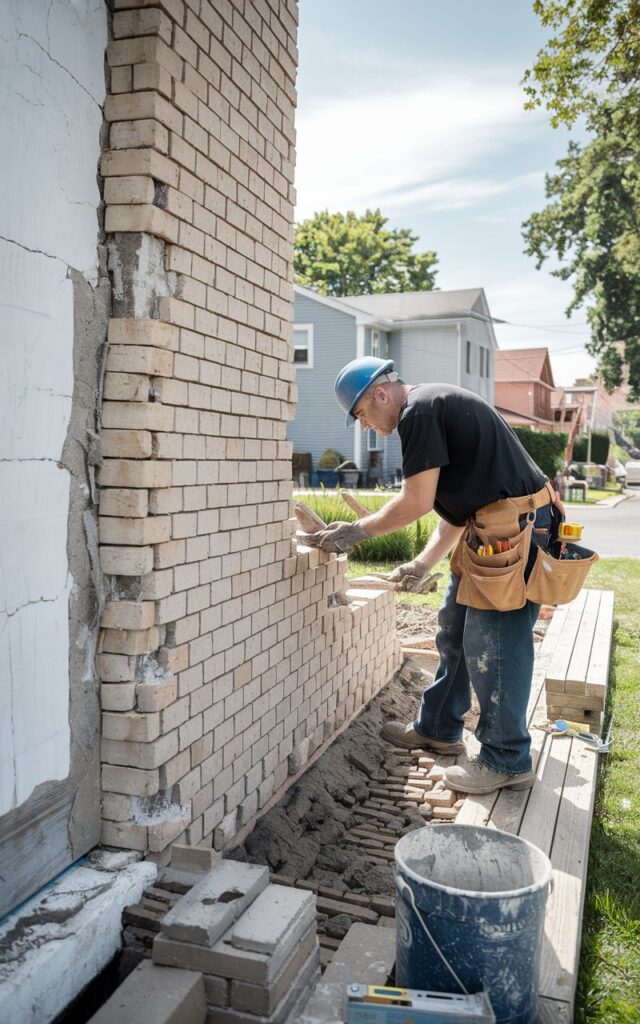 "Skilled masonry contractor restoring a brick wall on a residential property in Staten Island, wearing a hard hat and tool belt while carefully laying bricks."
