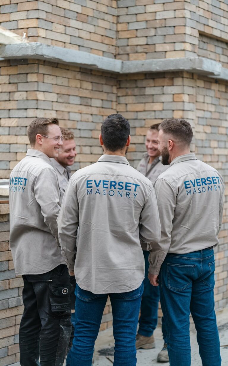 A team of masonry workers standing together at a construction site, smiling and engaging with one another. They are all wearing beige shirts with the company name "EverSet Masonry" printed on the back. The background shows a wall made of neatly arranged bricks, highlighting the team's work in progress.