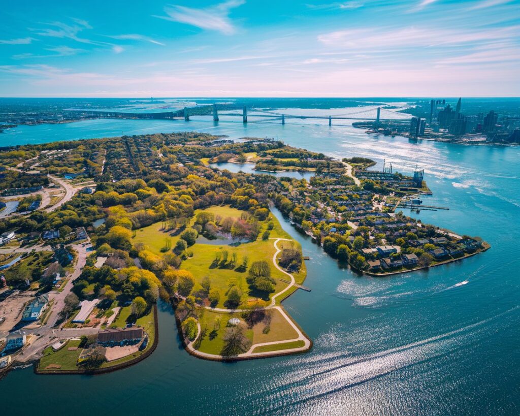 A stunning aerial view of Staten Island, New York, captured on a clear, sunny day.