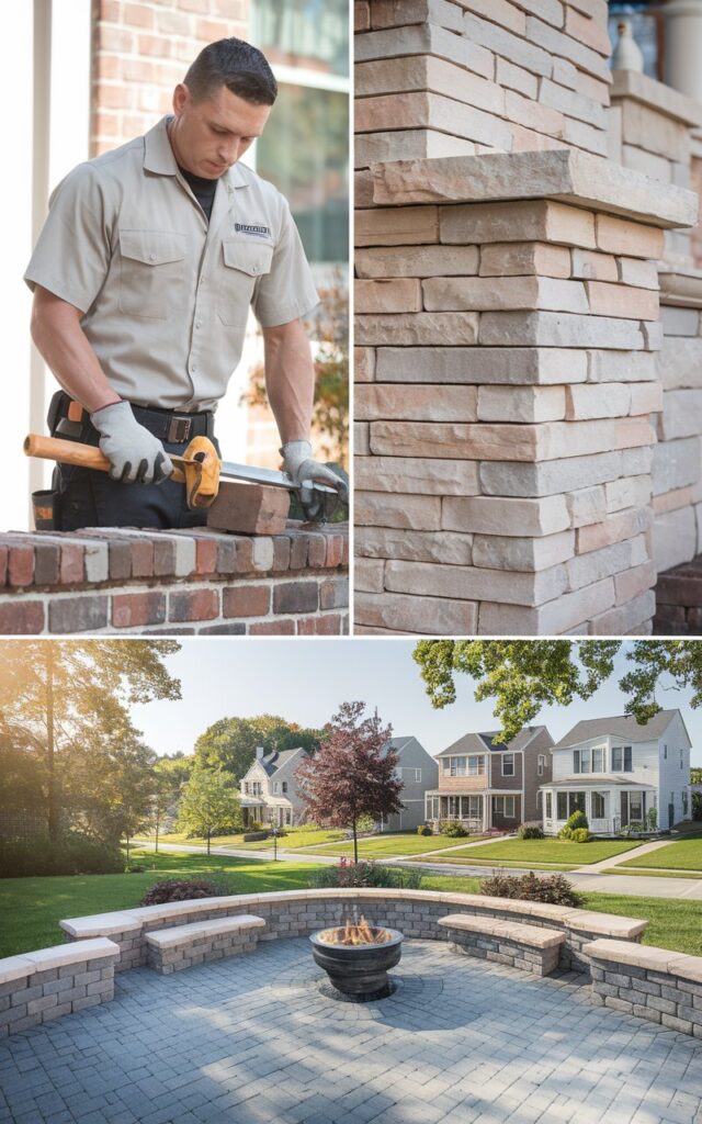 "Collage showing a professional mason laying bricks, a close-up of detailed stone pillar work, and a beautifully completed backyard patio with a fire pit in a sunny suburban Staten Island neighborhood."