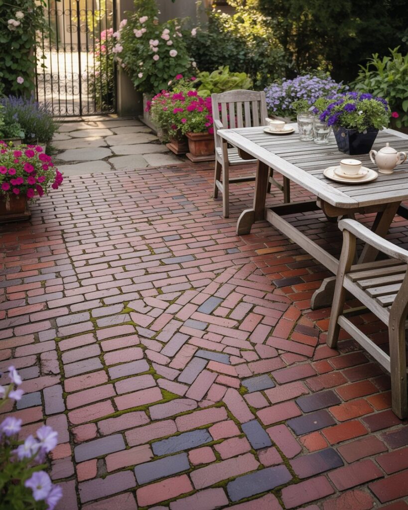 A charming outdoor patio with cozy seating, decorative plants, and warm ambient lighting.