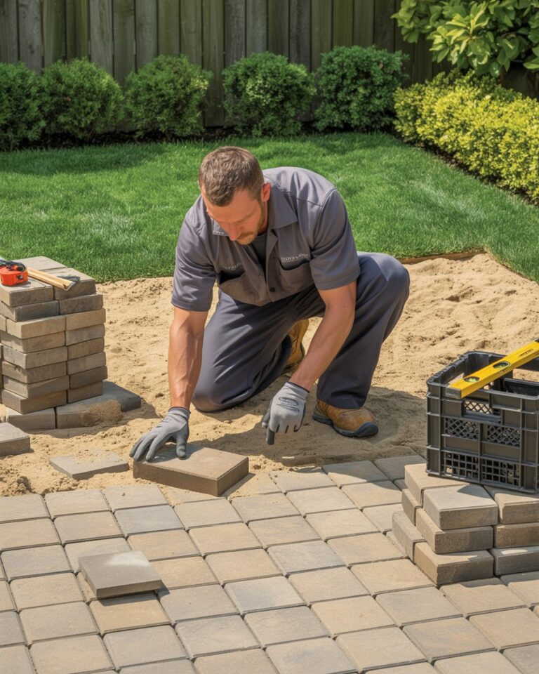 "A construction worker installing paver stones on a patio in a backyard, surrounded by tools and stacks of bricks, with a green lawn and wooden fence in the background."