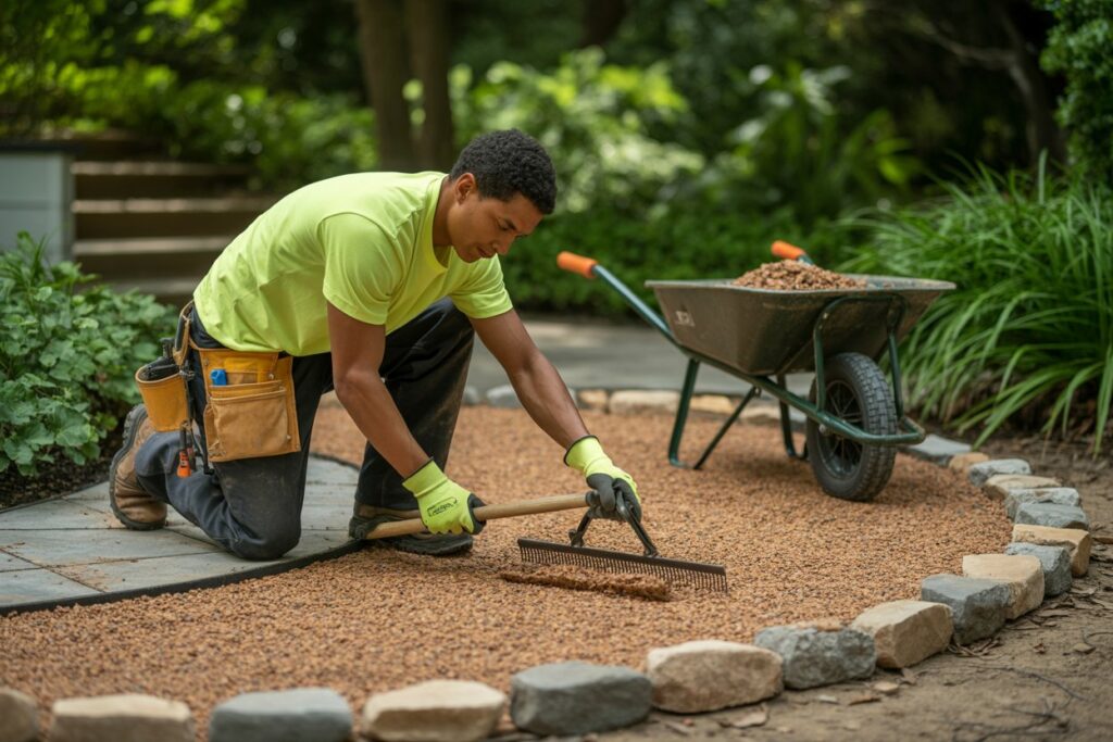 Construction worker spreading decomposed granite on a backyard pathway using a metal rake, wearing safety gear with a wheelbarrow nearby and garden landscaping in the background.