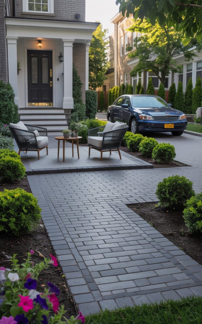 "Beautifully landscaped front yard in Staten Island featuring a modern paver patio with outdoor seating, a neatly aligned paver walkway, and a stylish driveway with a parked car, surrounded by green shrubs and colorful flowers.