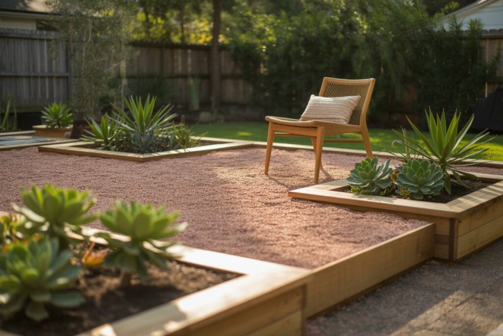 "Decomposed granite patio with compacted gravel surface, outdoor furniture, and surrounding garden landscaping in a residential backyard."