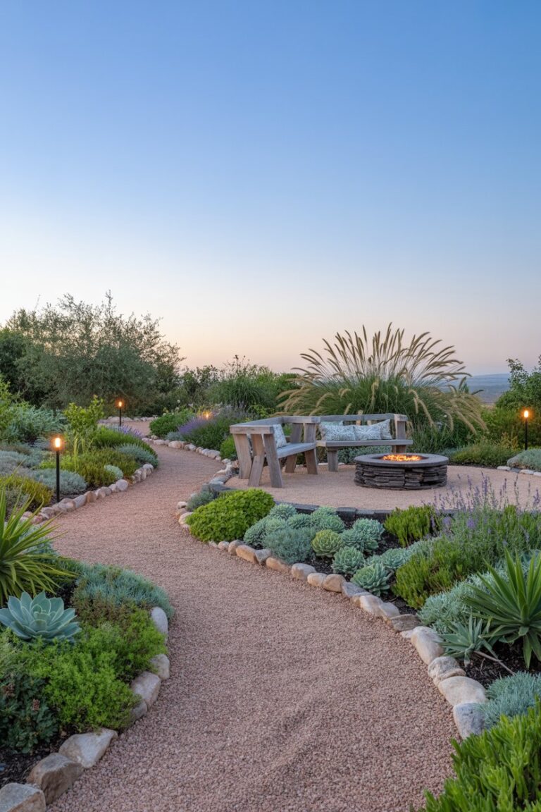 A landscaped backyard with decomposed granite pathways, bordered by natural stones and surrounded by drought-tolerant plants like succulents and lavender, featuring a rustic seating area with a fire pit under a clear sky.