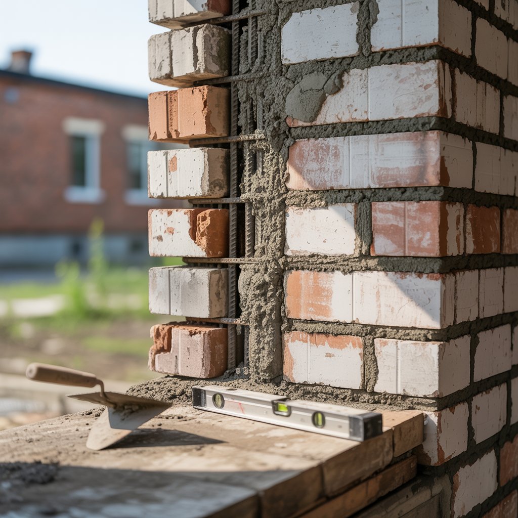 "Close-up of a repaired cinder block wall showing fresh mortar and clean block alignment with masonry tools nearby.