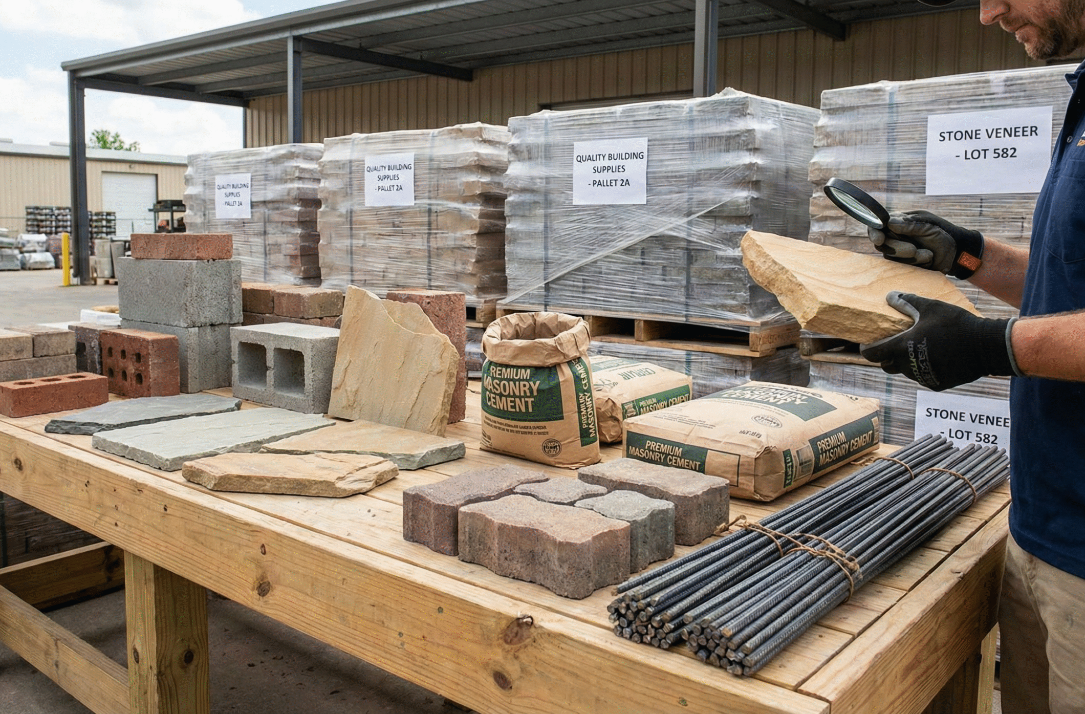 Various high-quality construction materials, including bricks, stone, pavers, and mortar bags, arranged on a workbench with a supplier yard in the background.