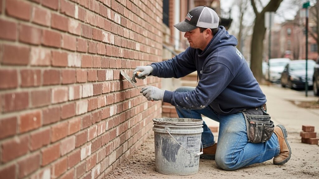 A single EverSet Masonry worker building a brick wall at a residential property in Jersey City, NJ, using a trowel and mortar with natural lighting and brownstone houses in the background.