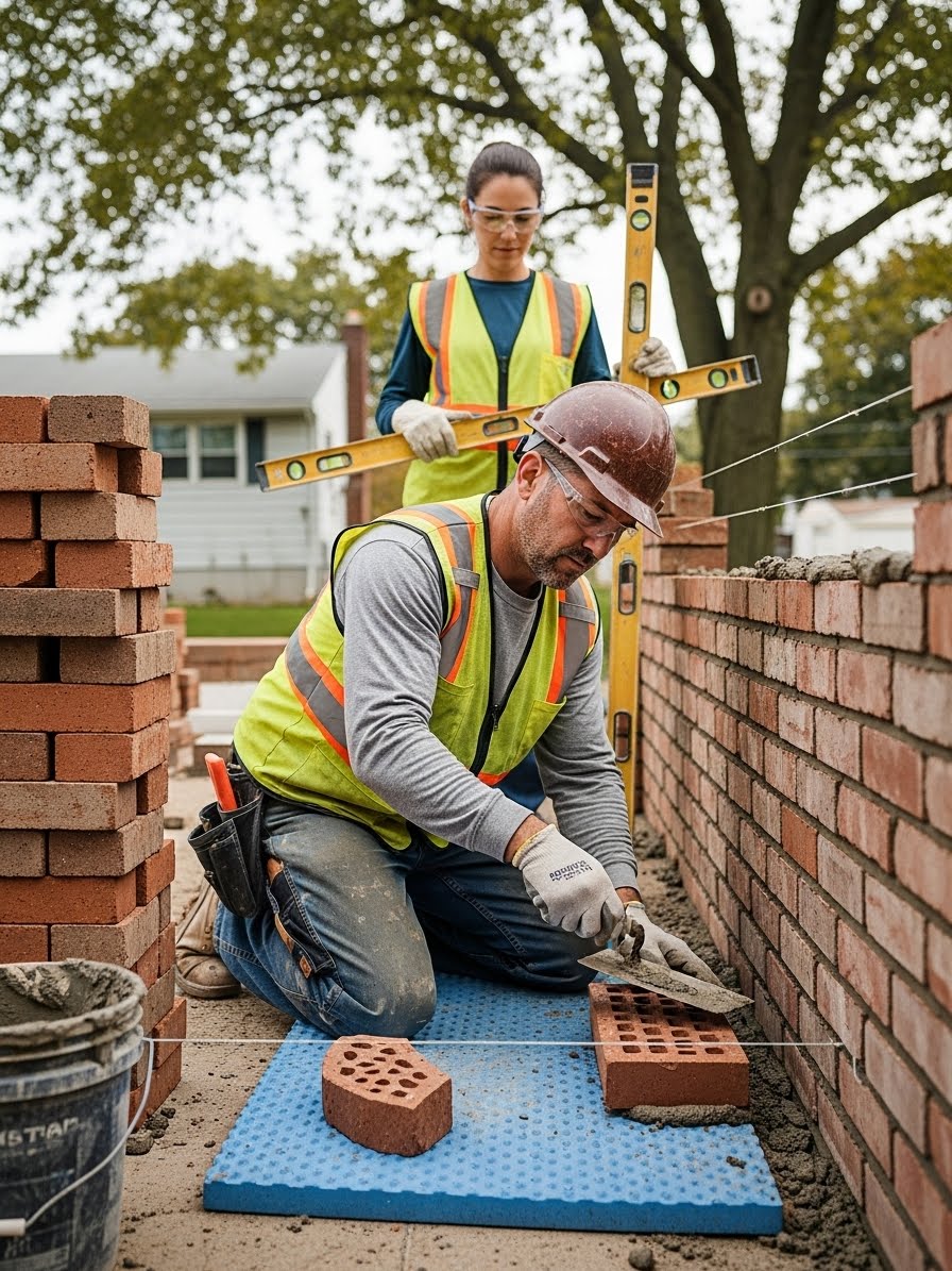 Licensed masonry contractors building a brick wall at a residential property in Elizabeth, NJ.