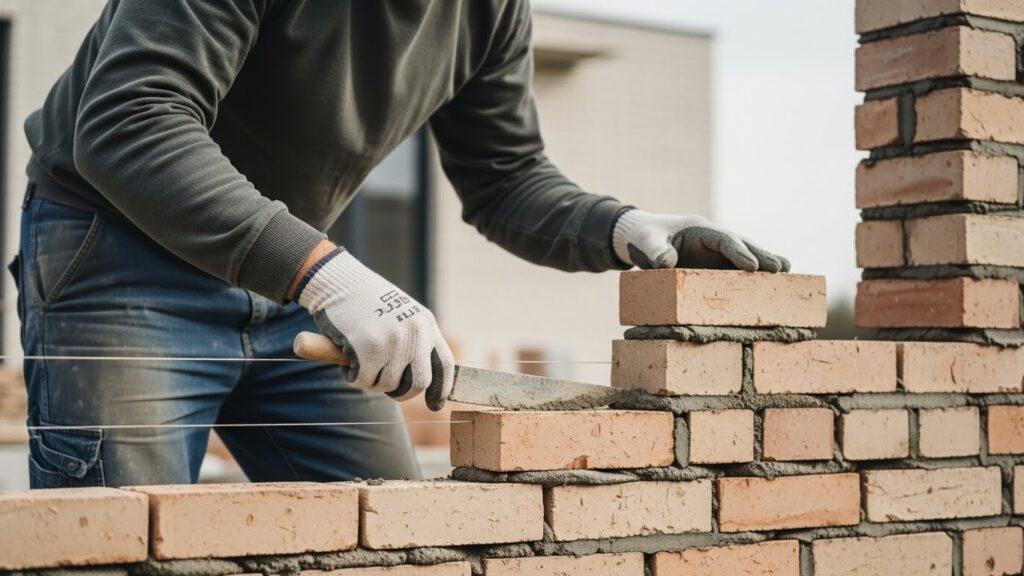 Skilled masonry contractor carefully laying bricks with precise mortar joints, professional masonry labor showcasing craftsmanship and quality construction work