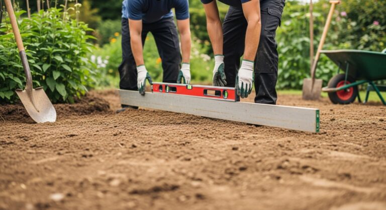 A close-up view of hands placing rectangular patio pavers on a sand base, with tools like a trowel and level nearby. Backyard setting with grass and plants around. Focus on realistic textures of stone, sand, and soil. Natural daylight, no text.