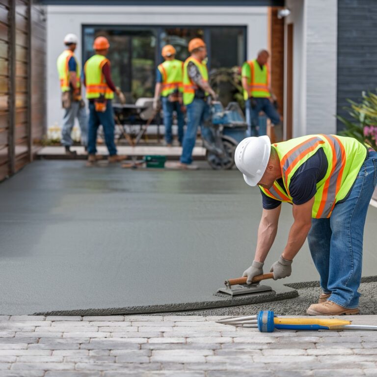Construction worker smoothing freshly poured concrete with a trowel while a team prepares a patio area in the background
