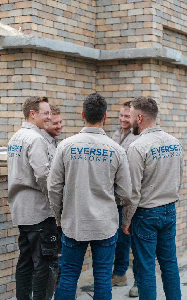 Small masonry team in branded Everset Masonry shirts standing together at a brick construction site