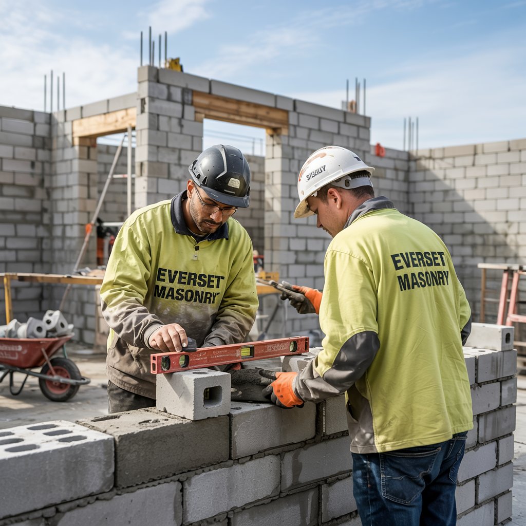 Two construction workers from Everset Masonry using a level to align concrete blocks while building a wall at a construction site